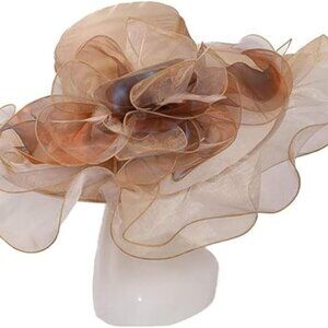 Elegant Organza Sun Hat Women Wide Brim Flower Summer Beach Derby Cap